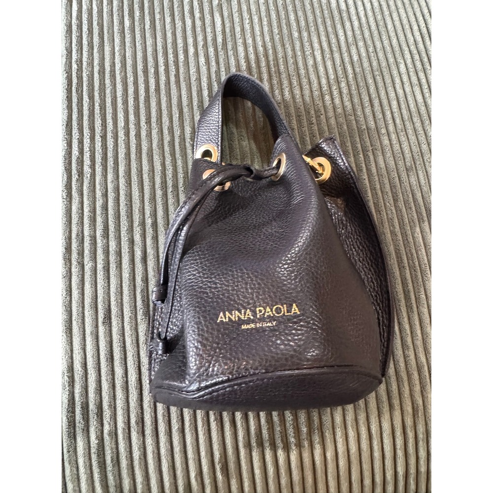 Anna Paola Black Leather Drawstring Bucket Bag Made in Italy Gold Accents
